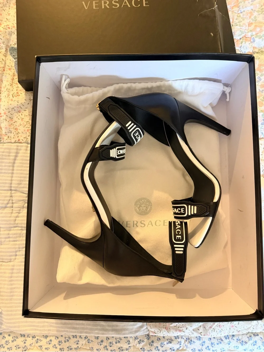 Versace Black and White Logo Ankle-Strap Heels